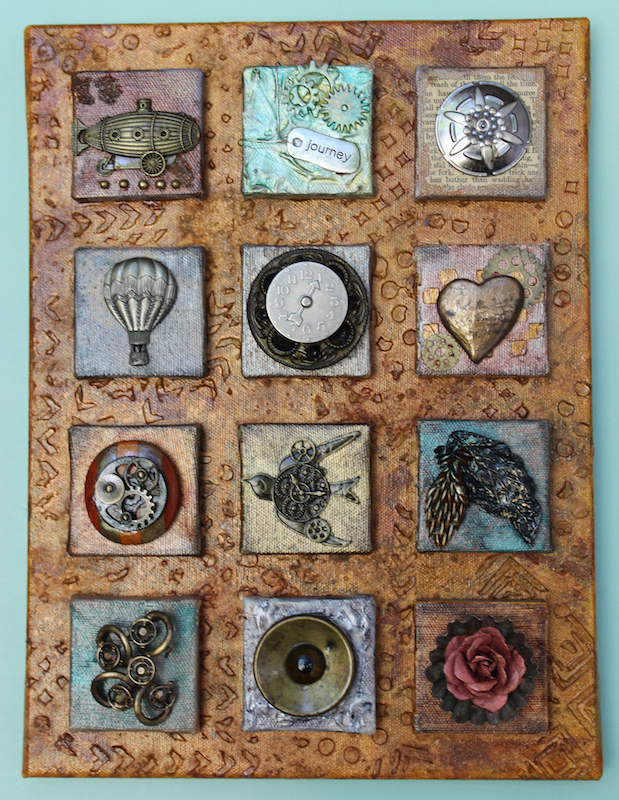 Steampunk Found Object Collage – 12 Mini Canvases in One
